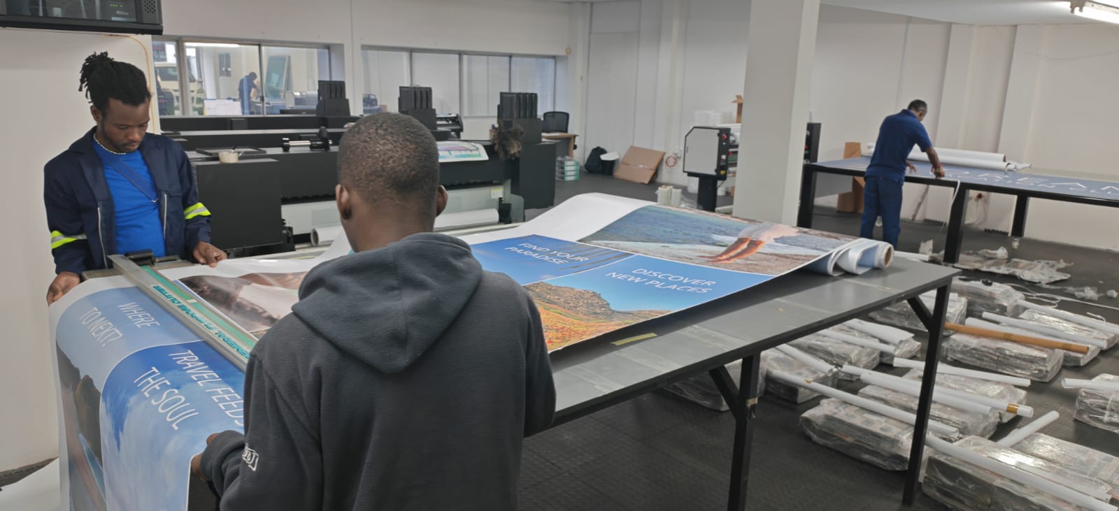 The team preparing printed material in the Print Scene workshop